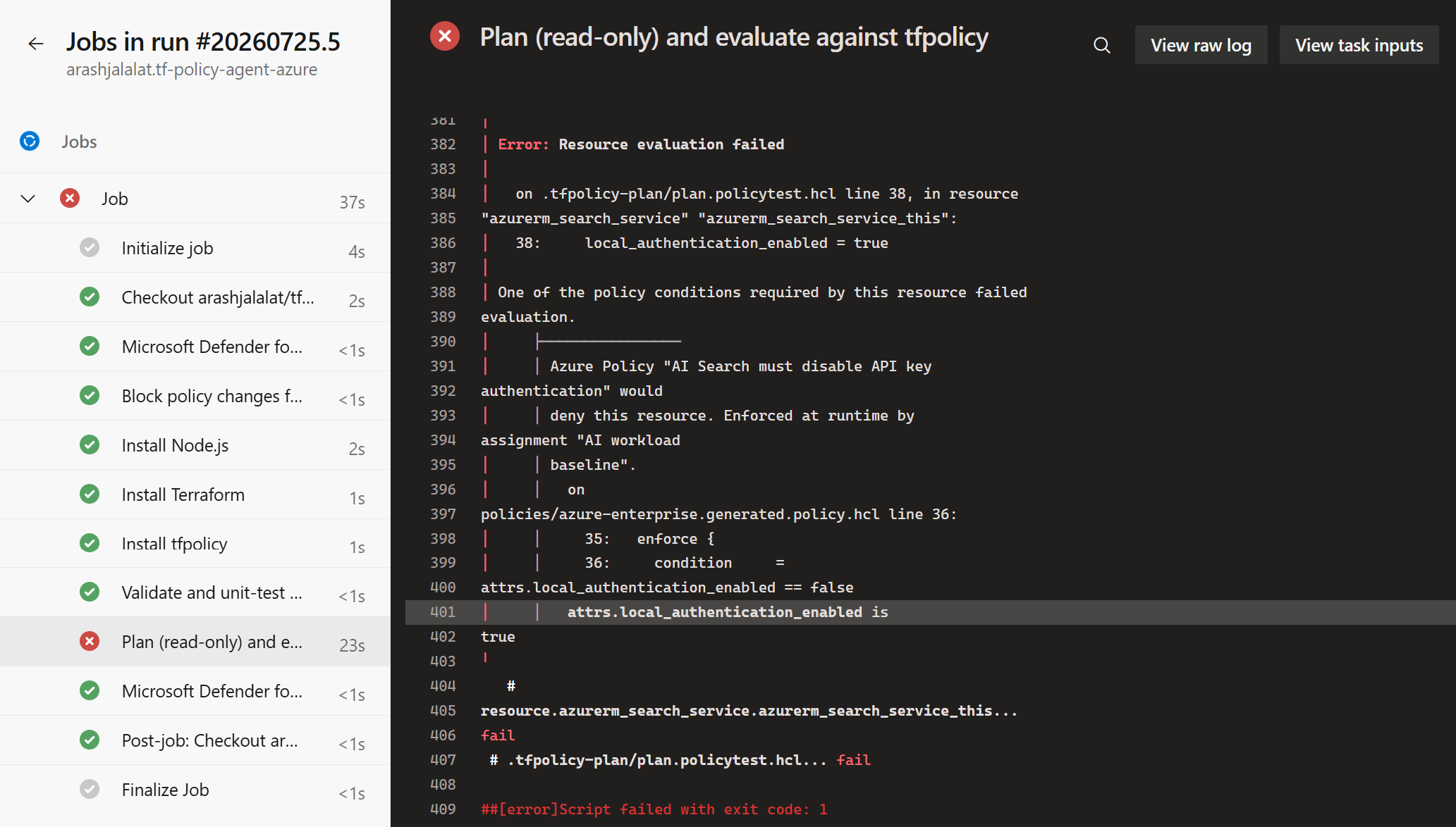 Azure Pipelines run 20260725.5 failing the tfpolicy gate on local_authentication_enabled