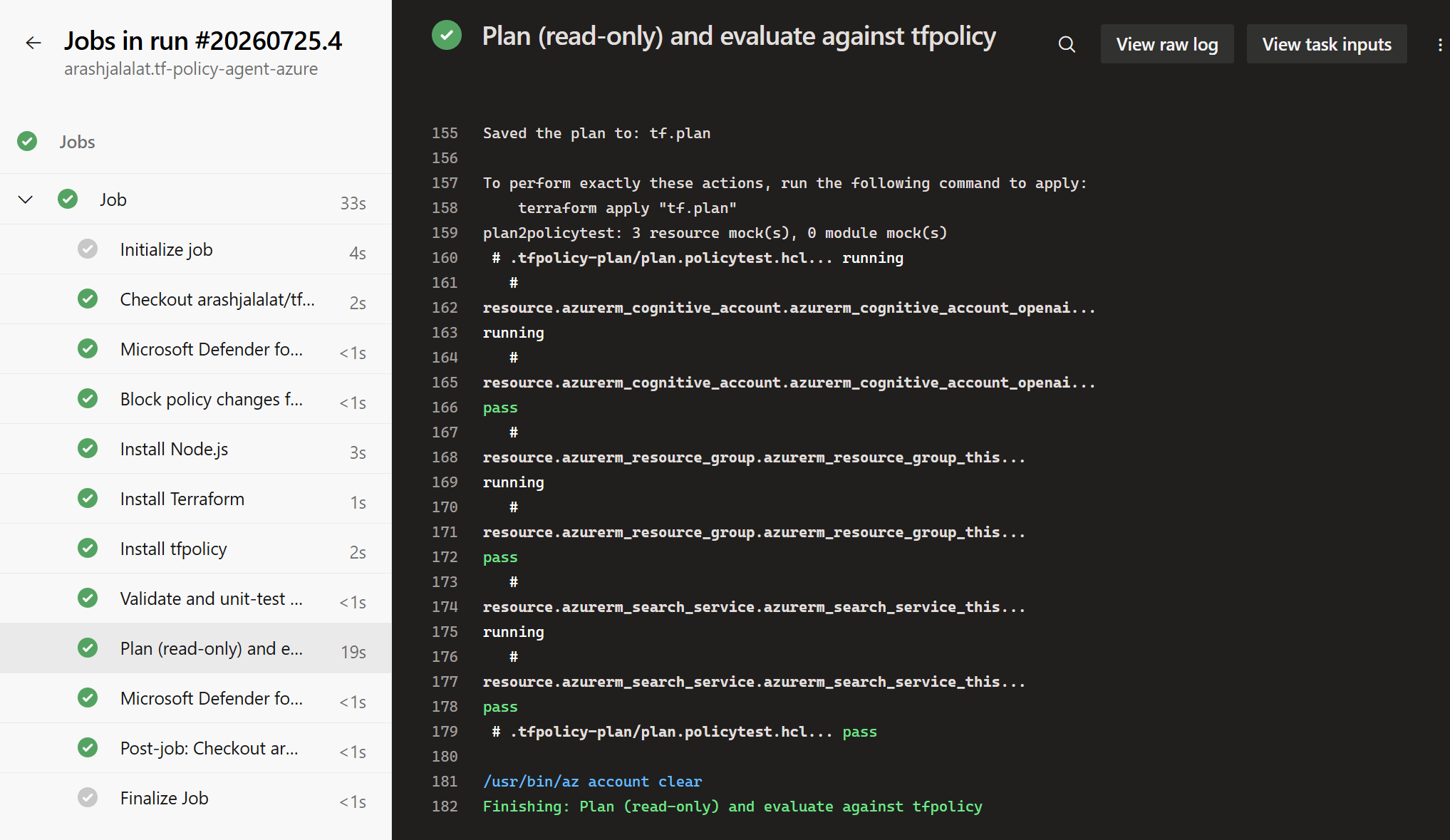 Azure Pipelines run 20260725.4 passing the tfpolicy gate, three resource mocks all pass